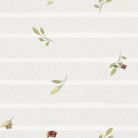 French Terry a white and green striped wallpaper with flowers and leaves