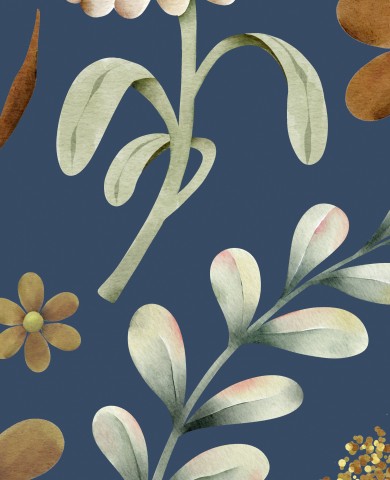 Satin cotton watercolor flowers and leaves on blue background