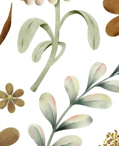 Hvidt bomuldsstof med et mønster af vilde blomster – ideelt til individuelle kreationer, fra duge til kjoler. 100% bomuld, stort format og nemt at lave en prøve.