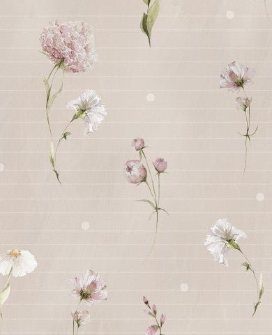 Carta da parati floreale in cotone satinato con fiori e pois rosa