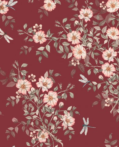 Rib jersey floral pattern with pink flowers and dragonflies