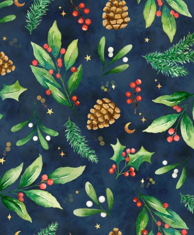 Tissu imperméable à motif aquarelle de Noël avec des baies de houx et des pommes de pin