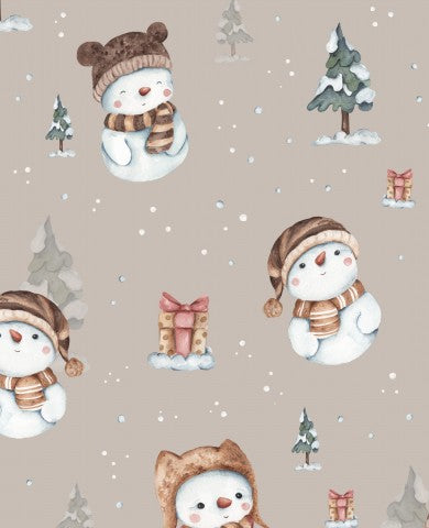 French Terry pattern of snowmen with hats and scarves