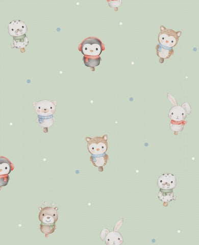 Satin cotton a pattern of cute animals on a green background