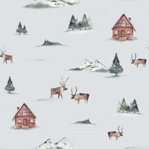 Muslin a watercolor pattern with reindeer and houses in the snow