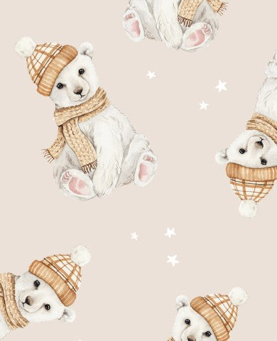 Waterproof fabric pattern of polar bears with hats and scarves