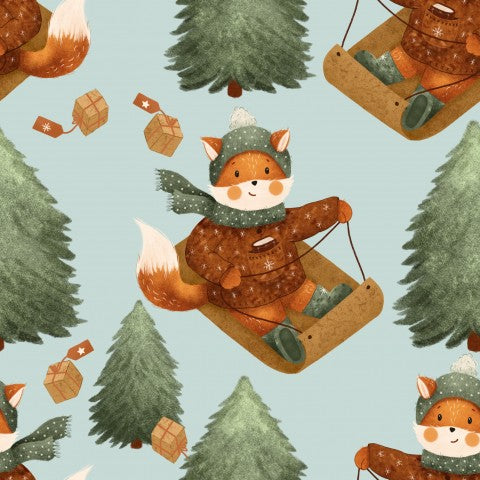 Jersey cute foxes on a sled