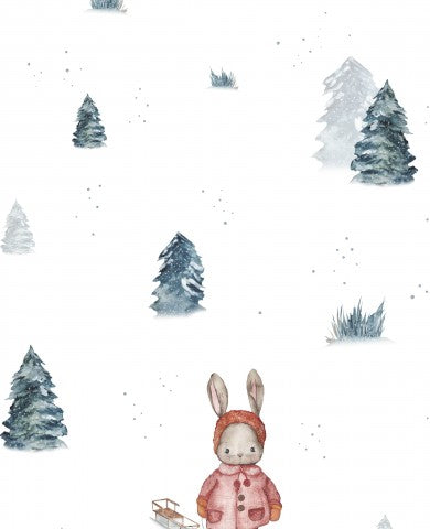 Rib Jersey ein Aquarellmuster mit einem Kaninchen in einem roten Mantel und Hut