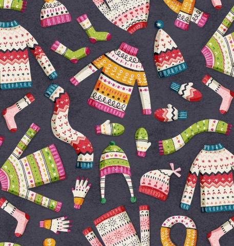 Muslin a pattern of knitted sweaters and hats on a dark background