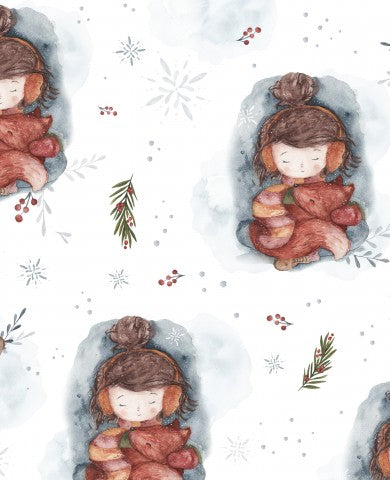Satin cotton watercolor Christmas pattern with a girl and a bear