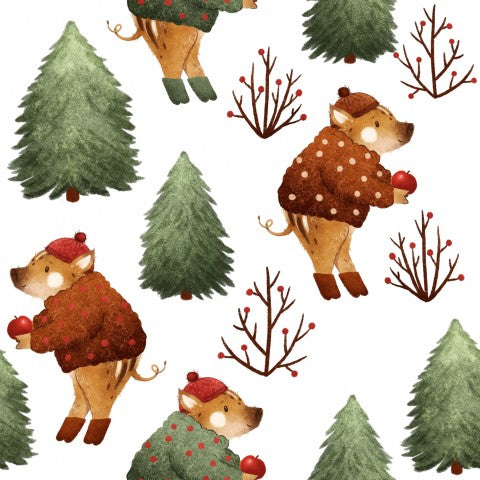 French Terry Aquarell-Weihnachtsmuster mit Schweinen und Bäumen