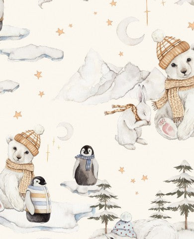 French Terry polar bears, penguins and snowflakes on a white background