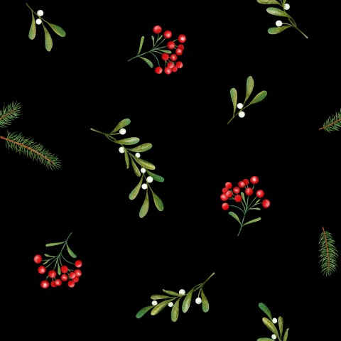 Waterproof fabric holly berries and fir branches on a black background