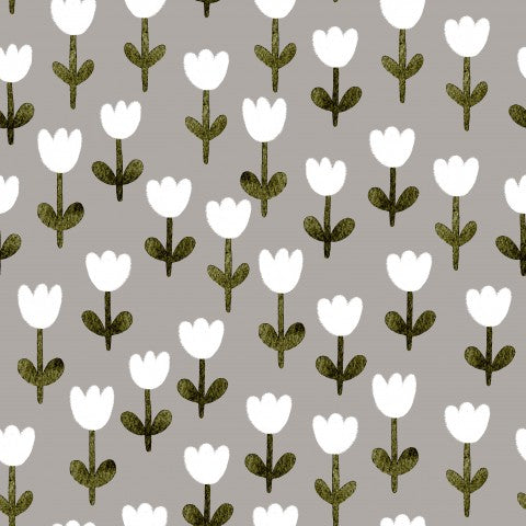 Jerseyvita och gröna blommor på en grå bakgrund