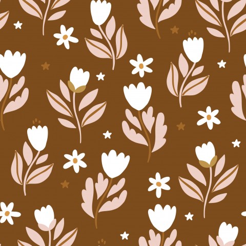 French Terry white flowers on brown background