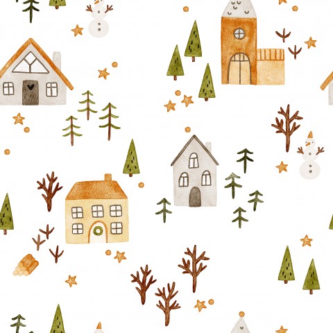 Jersey Weihnachtsmuster mit Häusern, Bäumen und Schneemännern