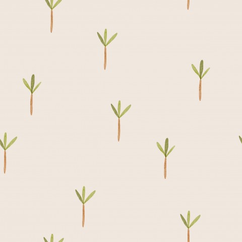 Satin cotton a pattern of small trees on a beige background