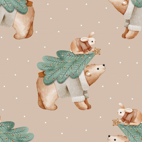 French Terry cute bears holding a Christmas tree