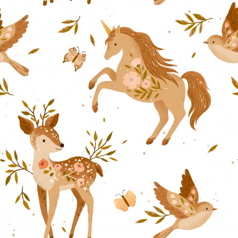 Nähende Kunst: Baumwoll-Canvas mit Woodland Deer und Floral Designs, veredelt durch weiße Unicorns. Schöne Stoffe für Ihre nächste Kreation, ideal für Patchwor