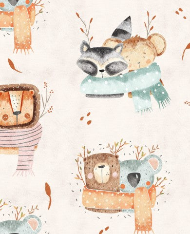 Muslin pattern of cute animals in winter clothes
