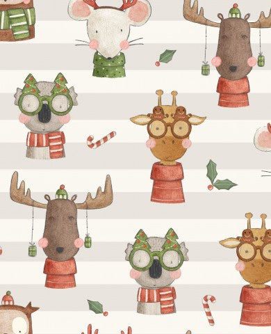 French Terry Weihnachtstieren auf gestreiftem Hintergrund