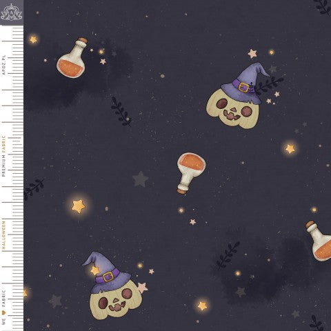 French Terry a Halloween fabric pattern with pumpkins, witches and stars