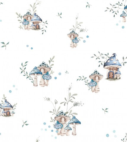 Panama a white and blue wallpaper with mushrooms and plants