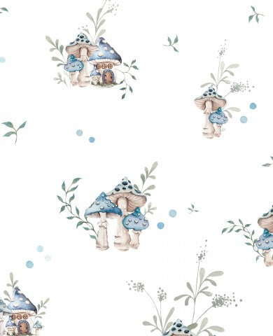 SoftShell, un papier peint champignon avec des fleurs bleues et blanches