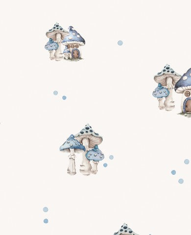 Muslin a mushroom wallpaper with blue dots