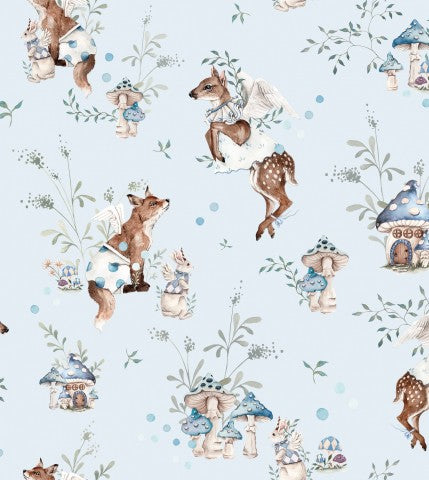 French Terry un motif bleu et blanc avec des animaux et des champignons