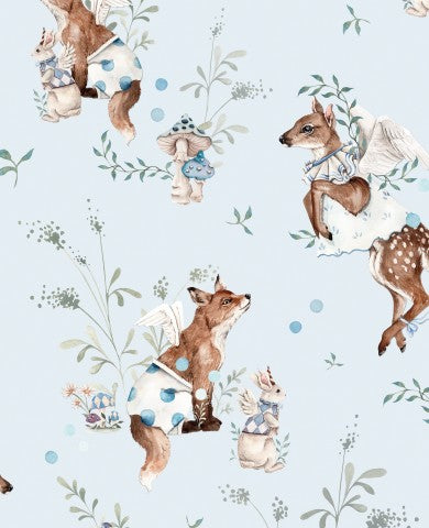 French Terry un motif bleu et blanc avec des cerfs et des renards