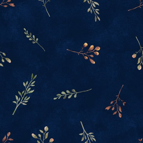 Satin cotton a pattern of leaves and branches on a dark blue background