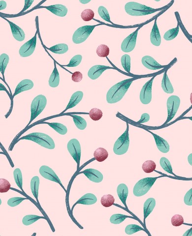 Raso di cotone con motivo floreale e bacche su sfondo rosa