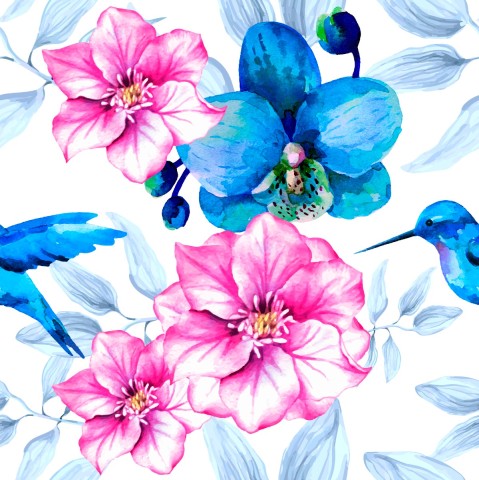 Mousseline de fleurs bleues et roses et colibris