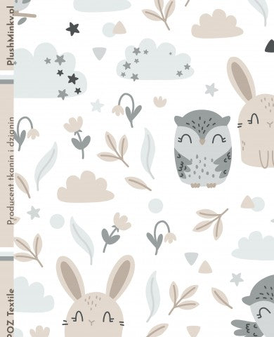 Tissu imperméable avec un motif de lapins, de hiboux et de nuages