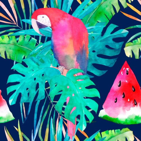 French Terry watercolor pattern with parrot, watermelon and palm leaves