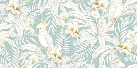 Toile de coton, papier peint bleu et blanc avec des oiseaux et des fleurs