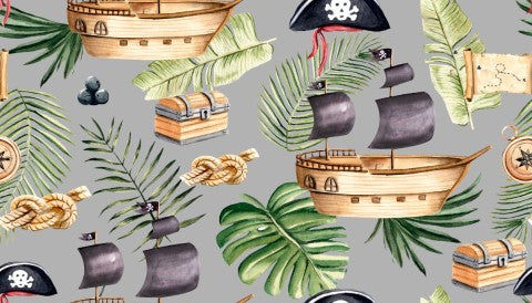 Toile de coton bateau pirate, feuilles de palmier et autres objets