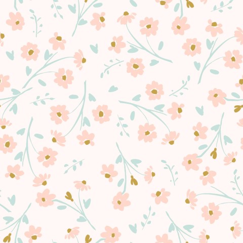 Toile de coton à motif floral rose et doré sur fond blanc