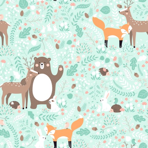 Satin de coton animaux et fleurs de la forêt