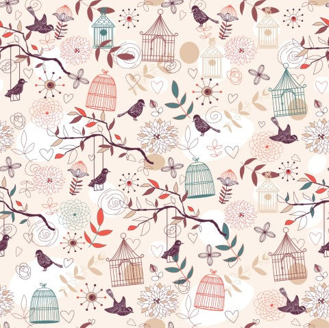 Toile de coton cages à oiseaux et fleurs