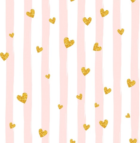 French Terry a pink and white striped background with golden hearts