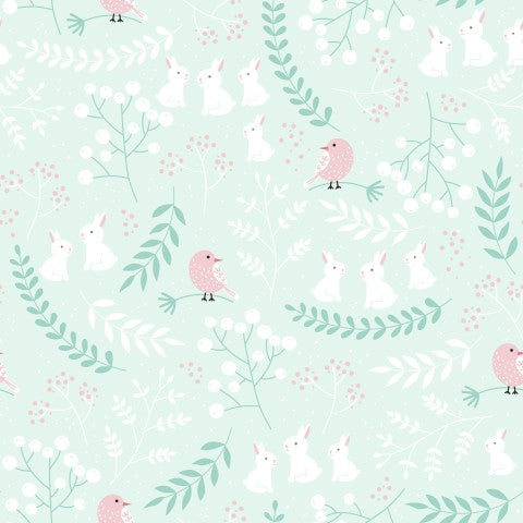 Toile de coton lapins et fleurs sur fond vert