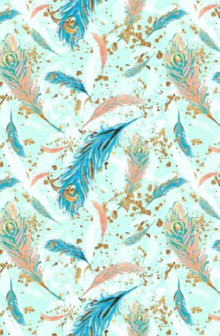Canvas cotton peacock feathers and golden glitter fabric