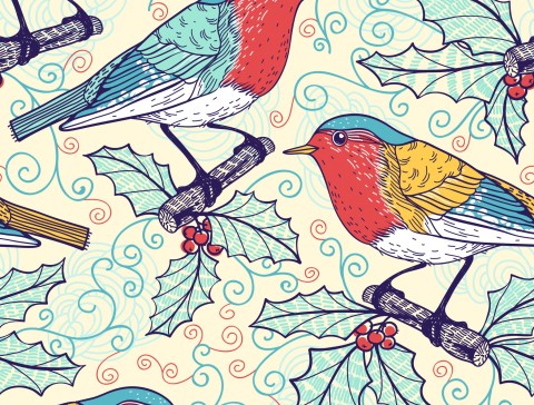 Toile de coton oiseaux colorés et feuilles de houx
