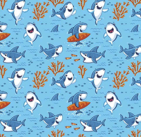 Toile de coton à fond bleu avec des requins et des coraux de dessins animés