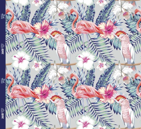 Toile de coton flamants roses et fleurs tropicales
