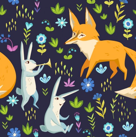 Toile de coton renards, lapins et fleurs