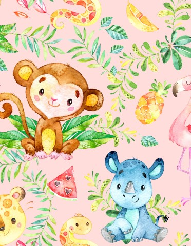 Toile coton aquarelle animaux et plantes