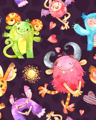 Toile en coton avec des monstres et des cœurs mignons